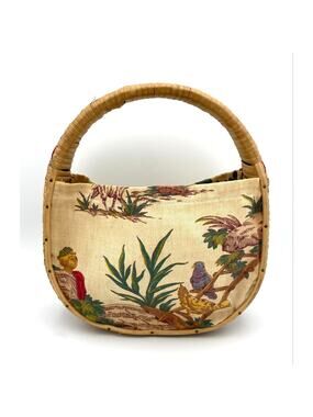 Vintage Wicker Basket Handbag Purse Cloth Sides Country Scene Sewing Basket MCM